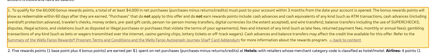 Issuer page screenshot with the quoted text highlighted: To qualify for the 60,000 bonus rewards points, a total of at least $4,000 in net purchases (purchases minus returns/credits) must post to your account within 3 months from the date your account is opened.