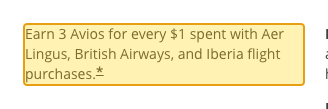 Issuer page screenshot with the quoted text highlighted: Earn 3 Avios for every $1 spent with Aer Lingus, British Airways, and Iberia flight purchases.