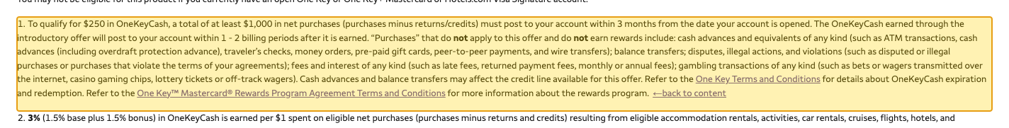 Issuer page screenshot with the quoted text highlighted: 1. To qualify for $250 in OneKeyCash, a total of at least $1,000 in net purchases (purchases minus returns/credits) must post to your account within 3 months from the date your account is opened.
