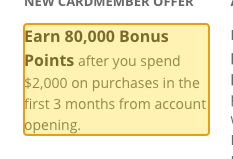 Issuer page screenshot with the quoted text highlighted: Earn 80,000 Bonus Points after you spend $2,000 on purchases in the first 3 months from account opening.