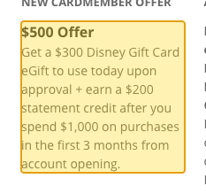 Issuer page screenshot with the quoted text highlighted: Get a $300 Disney Gift Card eGift to use today upon approval + earn a $200 statement credit after you spend $1,000 on purchases in the first 3 months from account opening.
