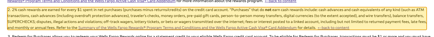 Issuer page screenshot with the quoted text highlighted: 2% cash rewards are earned for every $1 spent in net purchases (purchases minus returns/credits) on the credit card account.