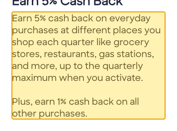 Issuer page screenshot with the quoted text highlighted: Earn 5% cash back on everyday purchases at different places you shop each quarter like grocery stores, restaurants, gas stations, and more, up to the quarterly maximum when you activate. Plus, earn 1% cash back on all other purchases.