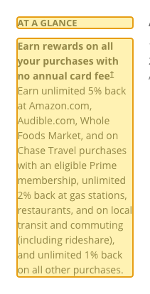 Issuer page screenshot with the quoted text highlighted: AT A GLANCE Earn rewards on all your purchases with no annual card fee † Earn unlimited 5% back at Amazon.com, Audible.com, Whole Foods Market, and on Chase Travel purchases with an eligible Prime membership, unlimited 2% back at gas stations, restaurants, and on local transit and commuting (including rideshare), and unlimited 1% back on all other purchases.