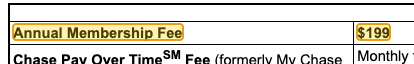 Issuer page screenshot with the quoted text highlighted: Annual Membership Fee $199
