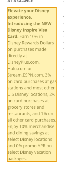 Issuer page screenshot with the quoted text highlighted: Earn 10% in Disney Rewards Dollars on purchases made directly at DisneyPlus.com, Hulu.com or Stream.ESPN.com, 3% on card purchases at gas stations and most other U.S Disney locations, 2% on card purchases at grocery stores and restaurants, and 1% on all other card purchases.