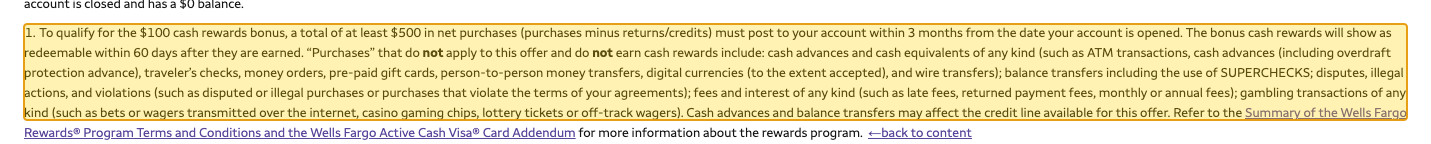 Issuer page screenshot with the quoted text highlighted: To qualify for the $100 cash rewards bonus, a total of at least $500 in net purchases (purchases minus returns/credits) must post to your account within 3 months from the date your account is opened.