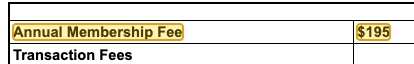 Issuer page screenshot with the quoted text highlighted: Annual Membership Fee $195